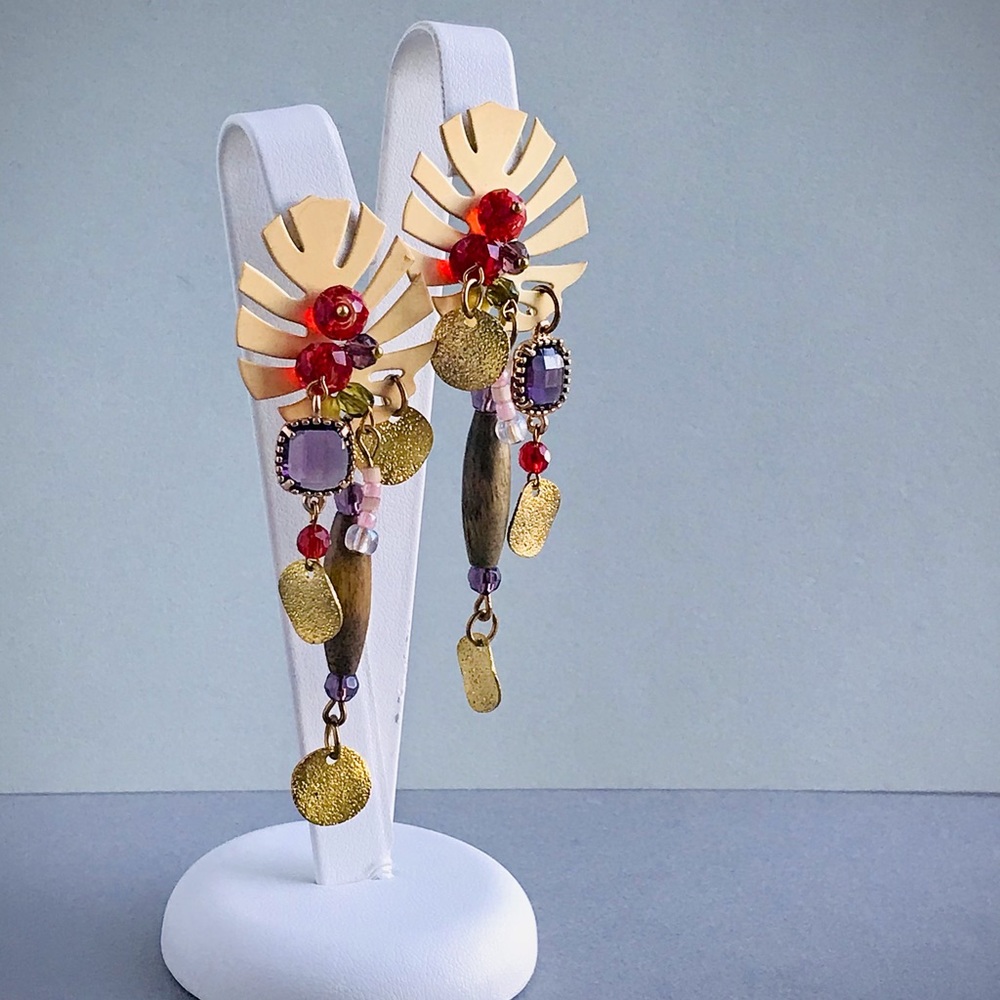 Floral Statement Earrings Wood Glass Beads Dangle